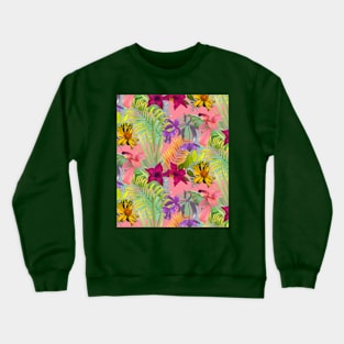 Elegant tropical flowers and leaves pattern floral illustration, pink tropical pattern over a Crewneck Sweatshirt